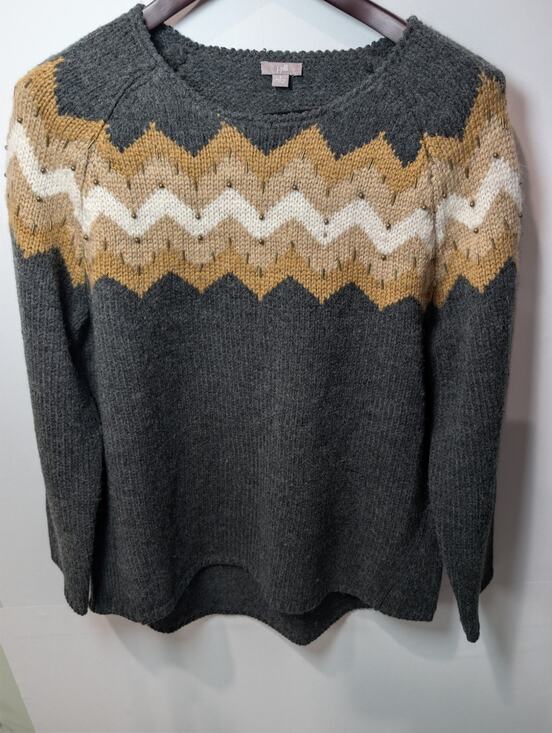 J. Jill Sweaters - J. Jill Large Gray Brown Wool Knit Sweater Long Sleeve Crew Neck Embellished L
